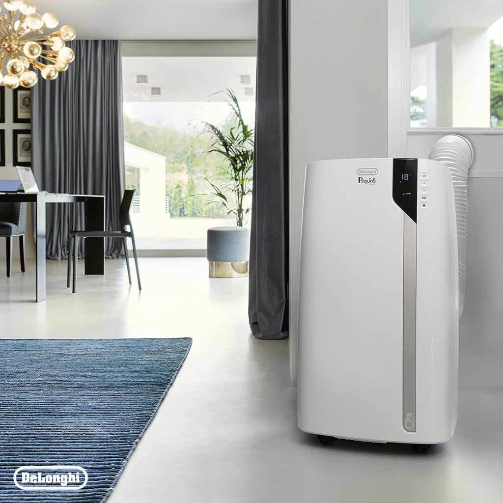 De'Longhi Pinguino PAC EM82, Mobiele airconditioner voor ruimtes tot 80 m, 9.400 BTU, 2,4 kW, 63 dB, Ontvochtigingsfunctie, Energieklasse A, 24-uurs timer, Wit