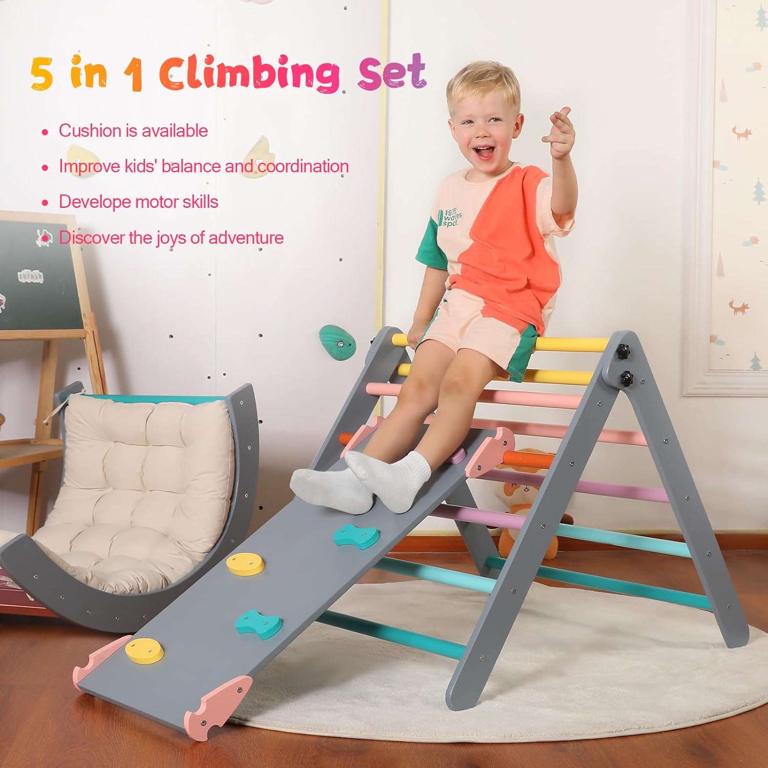 Driehoekset met kussen, 5-in-1 Montessori klimset, opvouwbaar, klim-binnenspeeltuinset voor peuters, houten klimspeelgoed met glijbaan en klimboog voor kinderen (houtkleur)