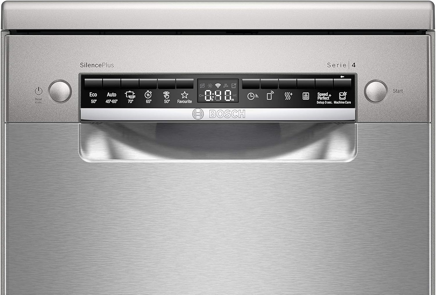 Bosch SPS4HMI61E Serie 4 Freistehender Geschirrspüler / E / 45 cm / Edelstahl / 76 kWh/100 Zyklen / 10 MGD / SuperSilence / Extra Trocknen / VarioSchublade / Home Connect