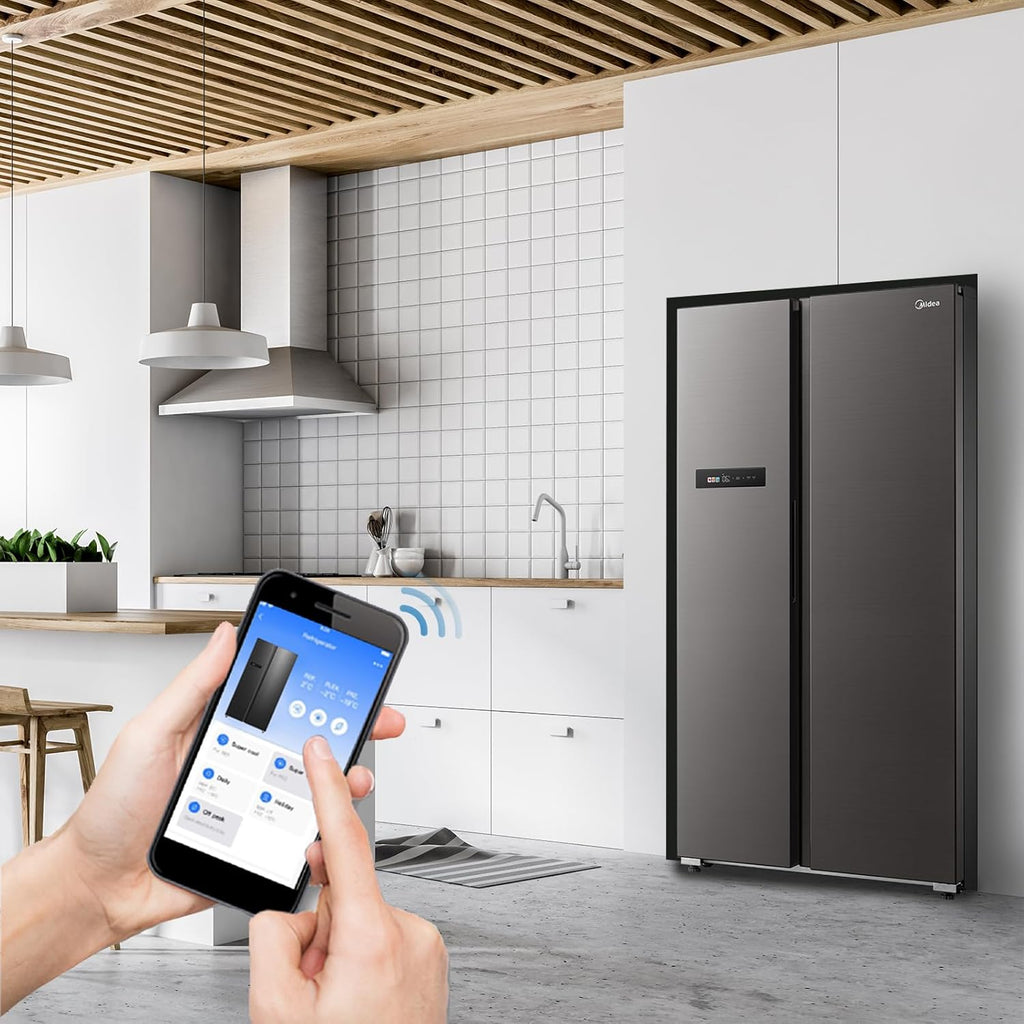 Midea KS-DDX 6.32 WT Amerikaanse koelkast/178,8 cm hoogte/254 kWh/jaar/No Frost/Dual Inverter Compressor/met 3-in-1 water-/ijsdispenser en watertank, Dark Inox