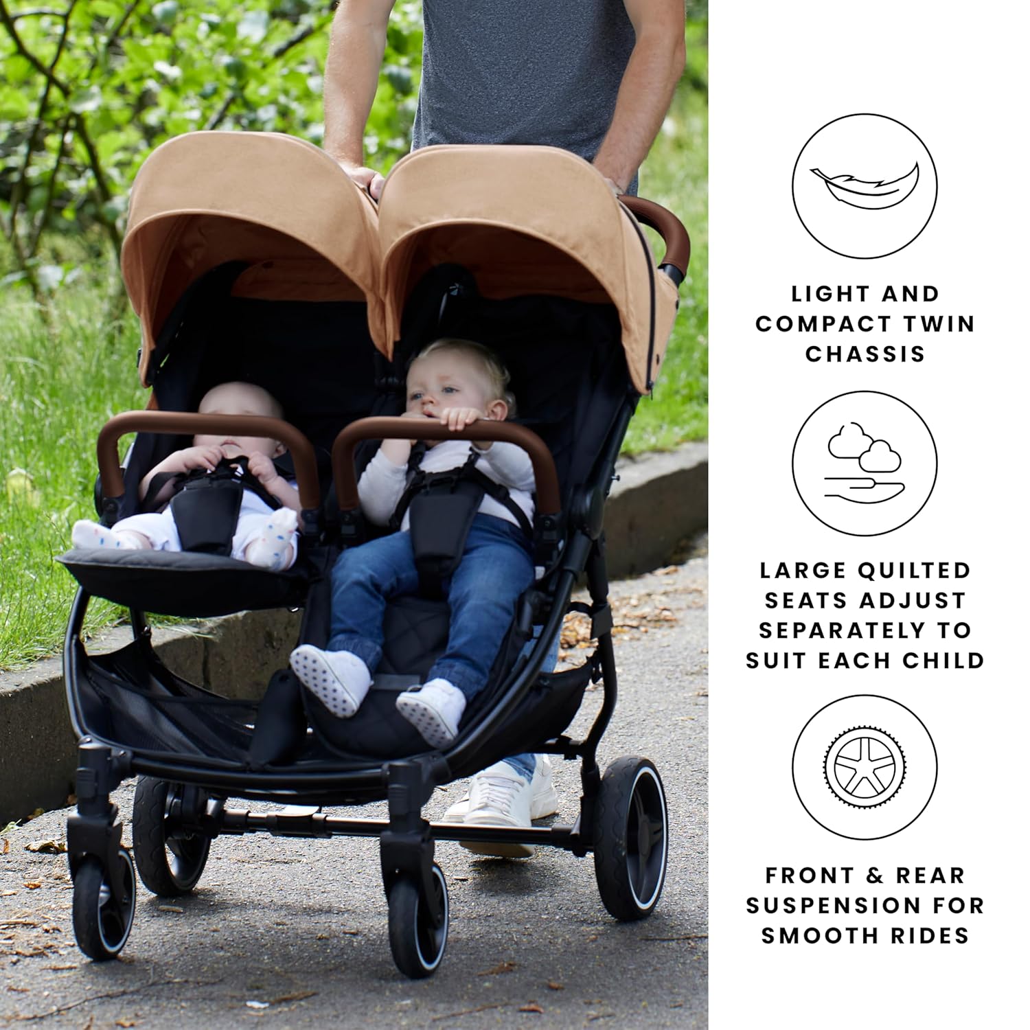 Venus Max Duo Buggy - geschikt vanaf de geboorte tot 15 kg (ongeveer 3 jaar), compacte, lichte, opvouwbare tweelingbuggy, inclusief regenhoes en voetenzak (Biscuit)