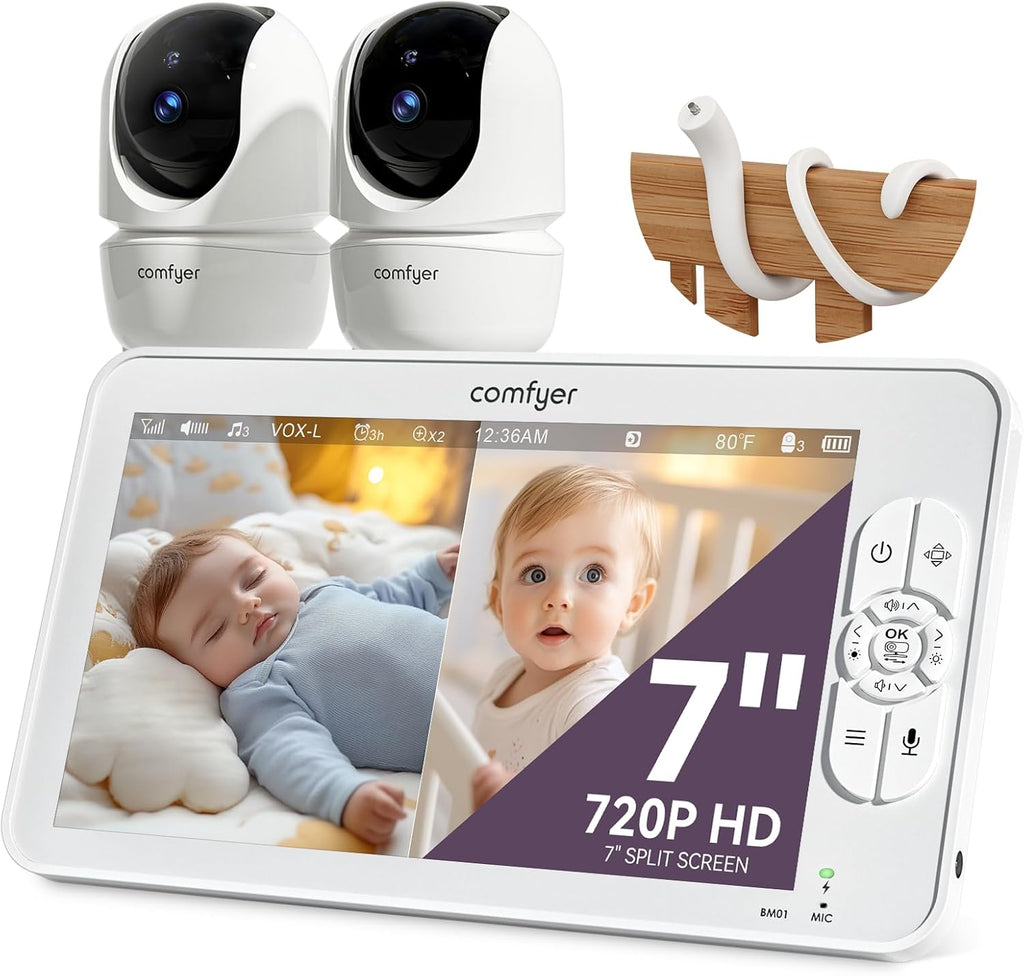 Comfyer Split-Screen Babyfoon met 2 Camera's, 7" HD 720P Videobabyfoon zonder wifi met Beugel, IR-Nachtzicht Groothoeklens Vox-modus 2-Weg Audio 292m Bereik Video Surveillance Apparaten