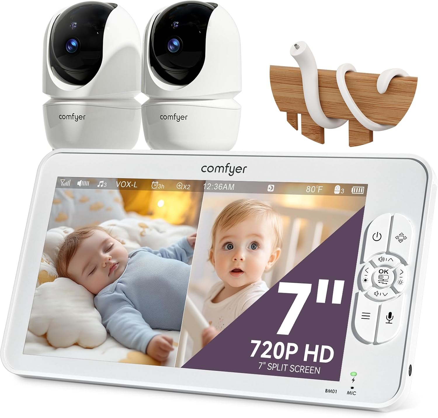 Comfyer Split-Screen Babyfoon met 2 Camera's, 7" HD 720P Videobabyfoon zonder wifi met Beugel, IR-Nachtzicht Groothoeklens Vox-modus 2-Weg Audio 292m Bereik Video Surveillance Apparaten