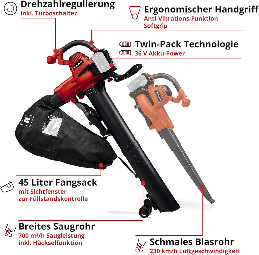 Einhell Accu-bladzuiger/-blazer GE-CL 36/230 Li E-Solo Power X-Change (Li-Ion, 18 volt, zuig-/blaasfunctie, turboschakelaar, incl. zuigbuis + blaasbuis, zonder accu en lader)