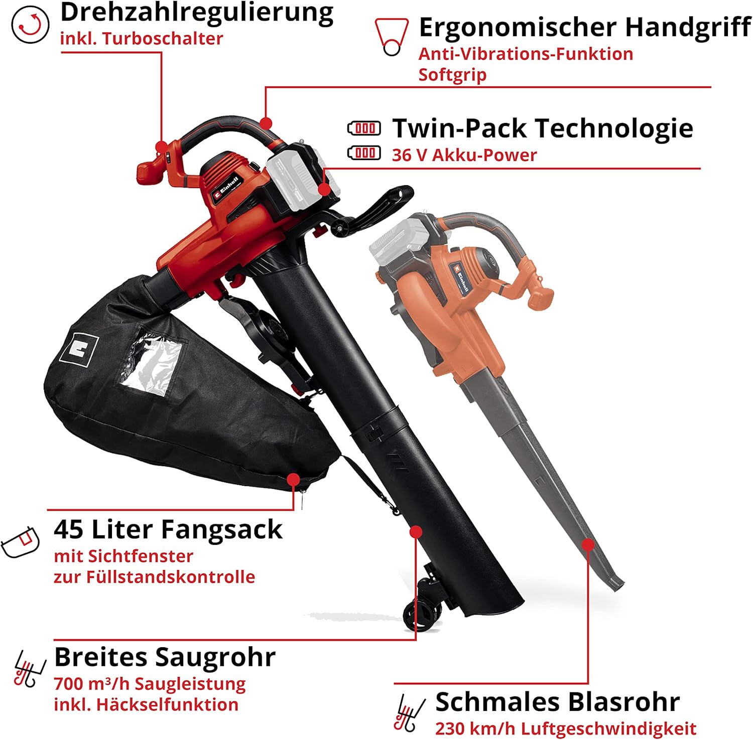 Einhell Accu-bladzuiger/-blazer GE-CL 36/230 Li E-Solo Power X-Change (Li-Ion, 18 volt, zuig-/blaasfunctie, turboschakelaar, incl. zuigbuis + blaasbuis, zonder accu en lader)