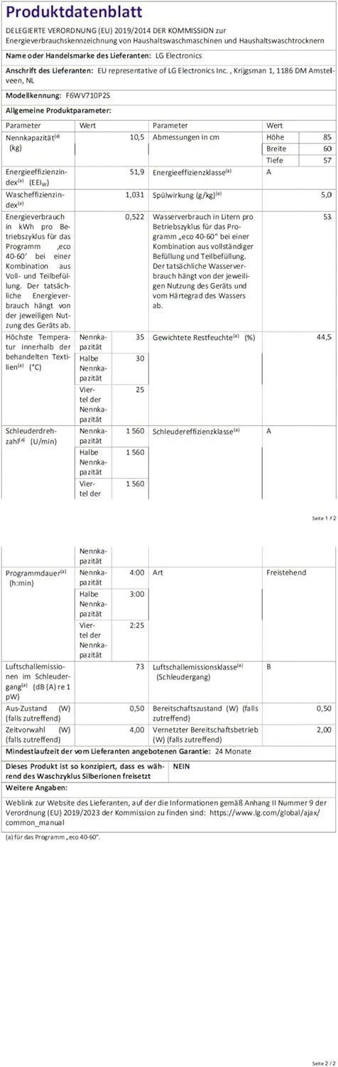 LG F4WV7080, Klasse A, Frontlader-Waschmaschine 8 kg, 1400 U/Min, AI Direct Drive, Wi-Fi, Tiefenreinigung mit Dampf, Groe Kapazitt, TRIPLE A, Auentür aus Sicherheitsglas, 62 x 60 x 85 cm  Wei