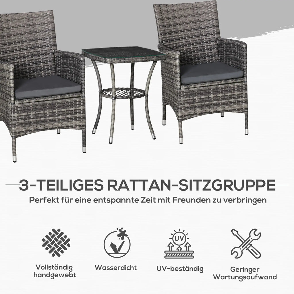 Outsunny Balkonset 3-delig met Zitkussens & Glasplaat