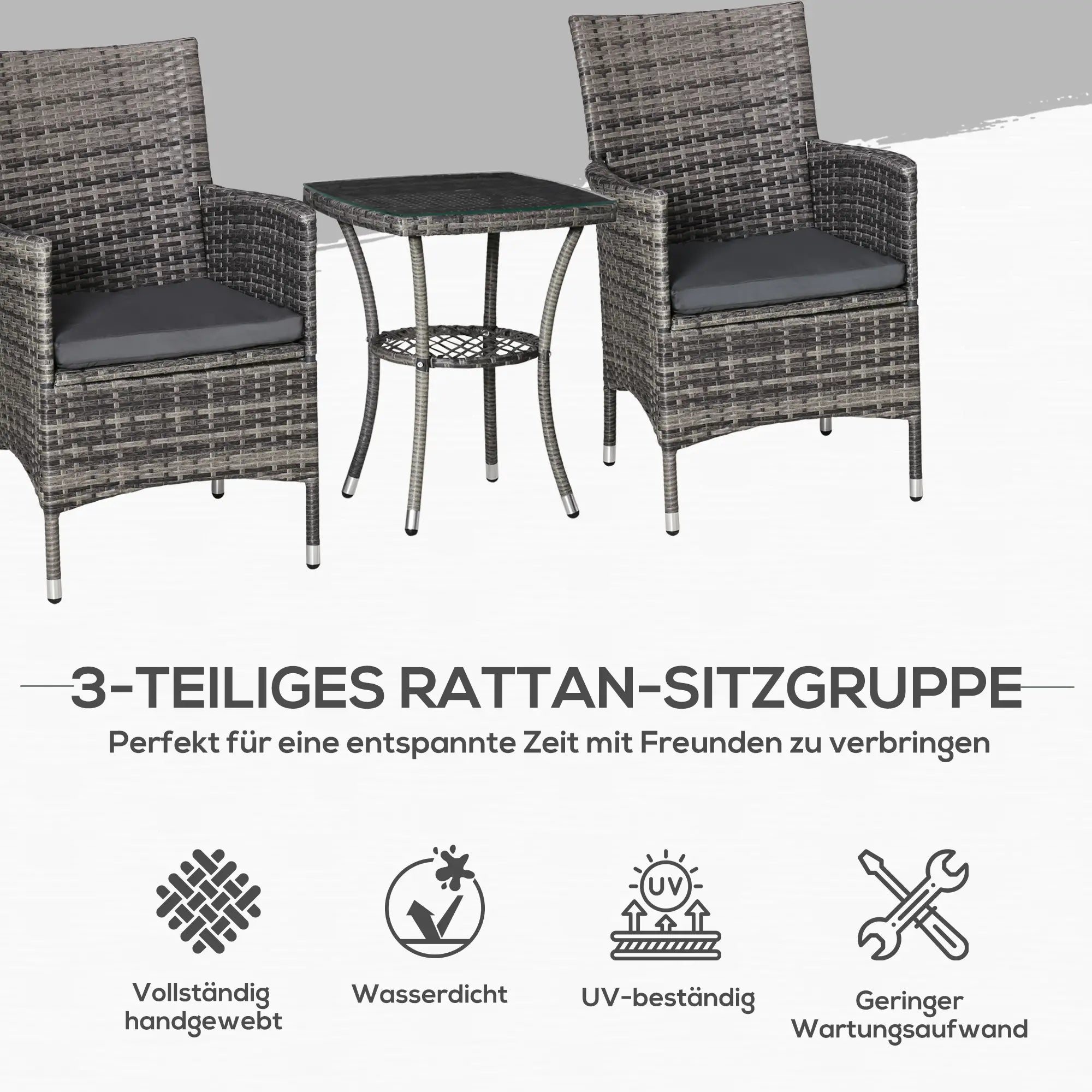 Outsunny Balkonset 3-delig met Zitkussens & Glasplaat