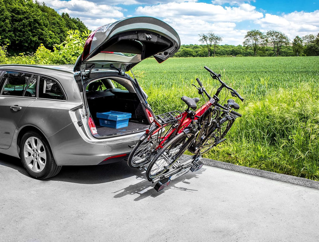 EUFAB 12010LAS fietsendrager POKER-F, geschikt voor e-bike, volledig voorgemonteerd, diefstalbeveiliging, voor 2 fietsen, voor trekhaak, zwart, 142 x 70 x 58 cm