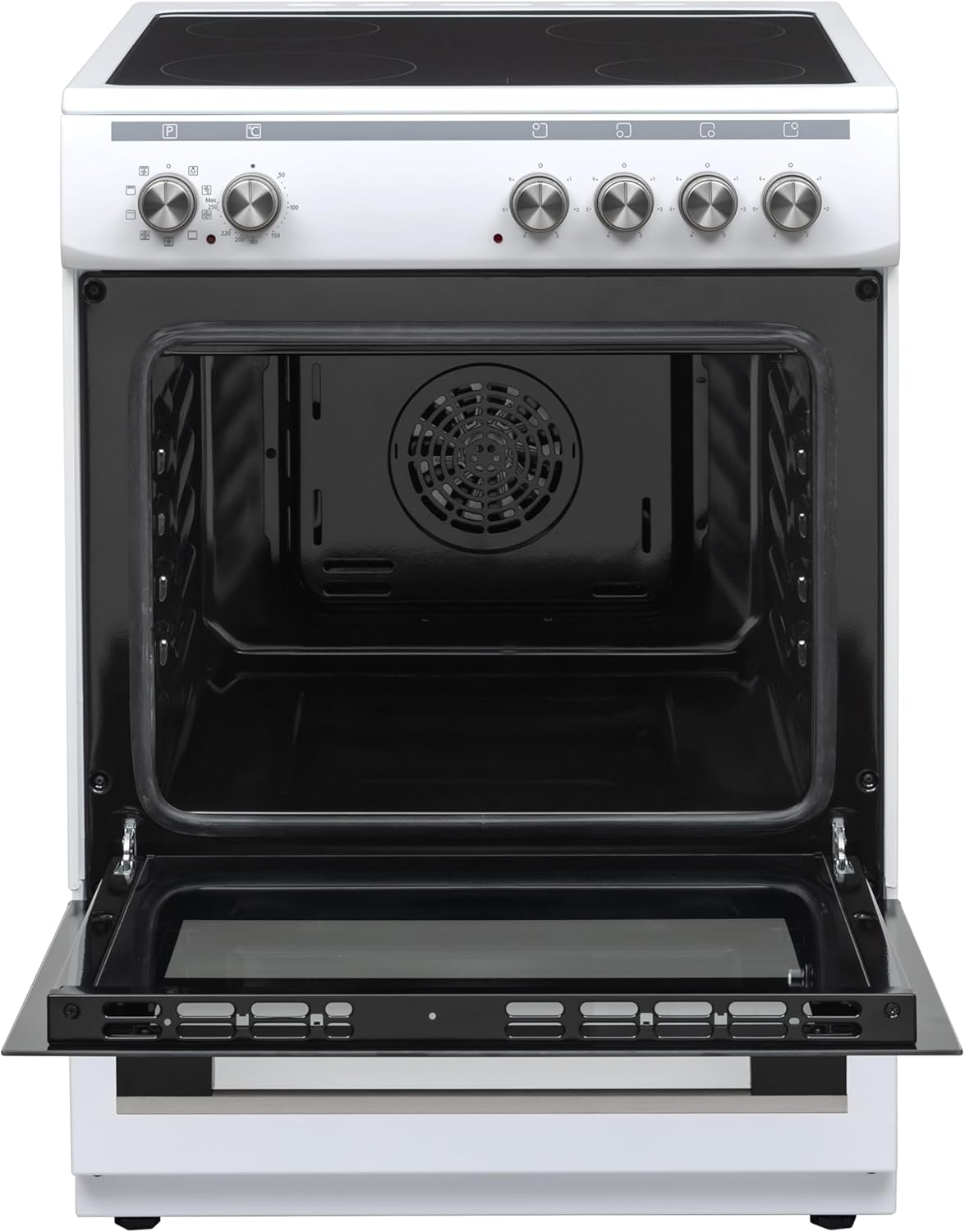 Daewoo F6EV22WL3DE Vrijstaand fornuis met glaskeramische kookplaat, A, Ovenvolume: 65 L, 8 verwarmingsfuncties met boven-/onderwarmte, Gemakkelijk te reinigen emaille, 4 kookzones, Wit
