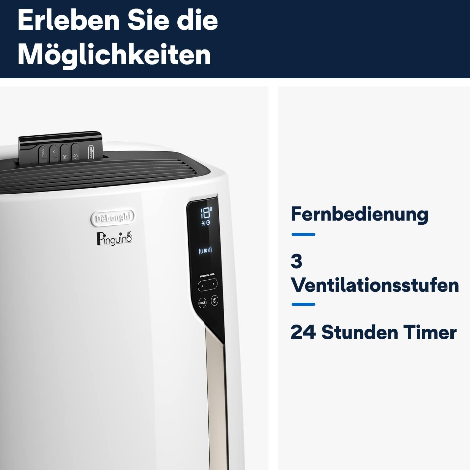 De'Longhi Pinguino PAC EM82, Mobiele airconditioner voor ruimtes tot 80 m, 9.400 BTU, 2,4 kW, 63 dB, Ontvochtigingsfunctie, Energieklasse A, 24-uurs timer, Wit