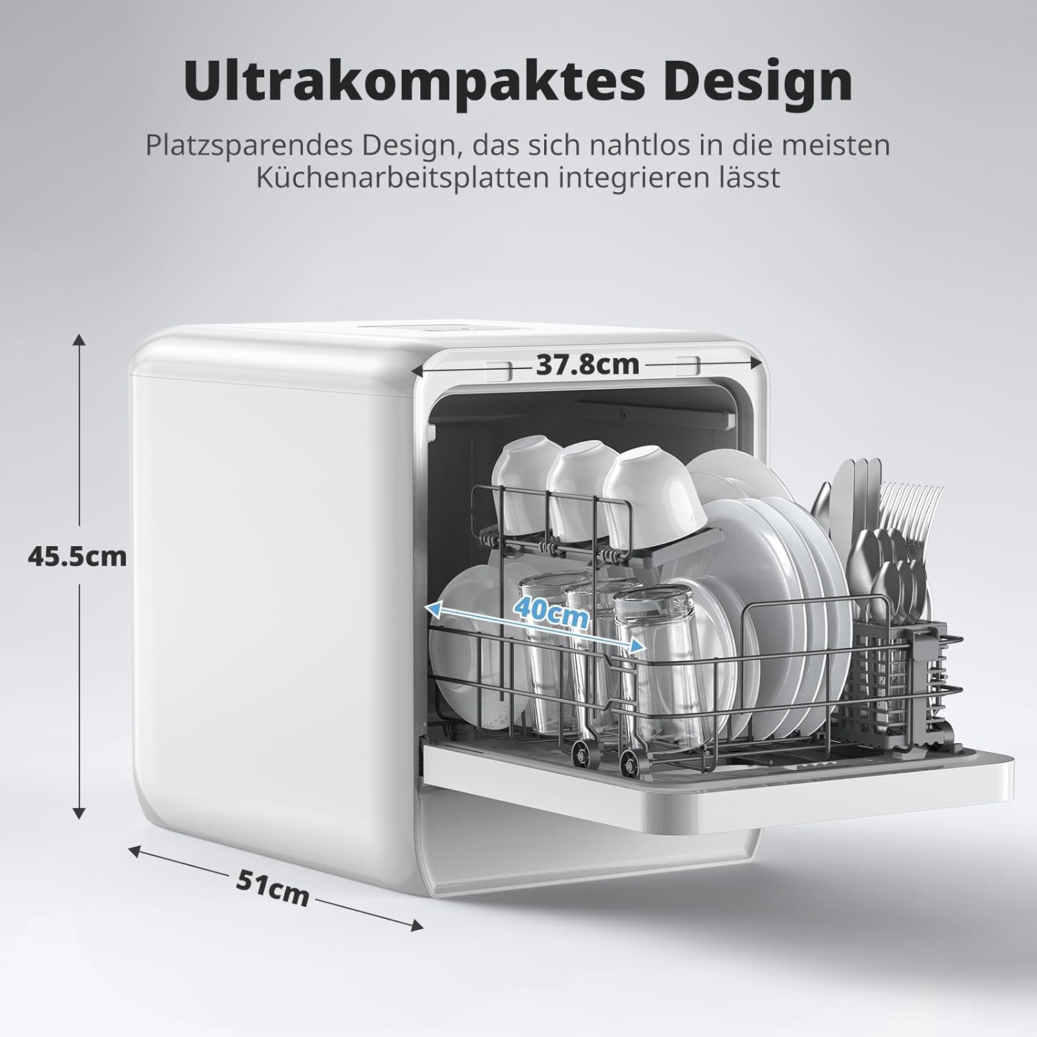 AIRMSEN Tafelvaatwasser, minivaatwasser met watertank, vaatwasser met 9 programma's, 37 x 50 cm, ultrasmal & diep, 1-24 uur timer, 360° dubbele sproeifunctie, slang/slangloos, wit (wit)