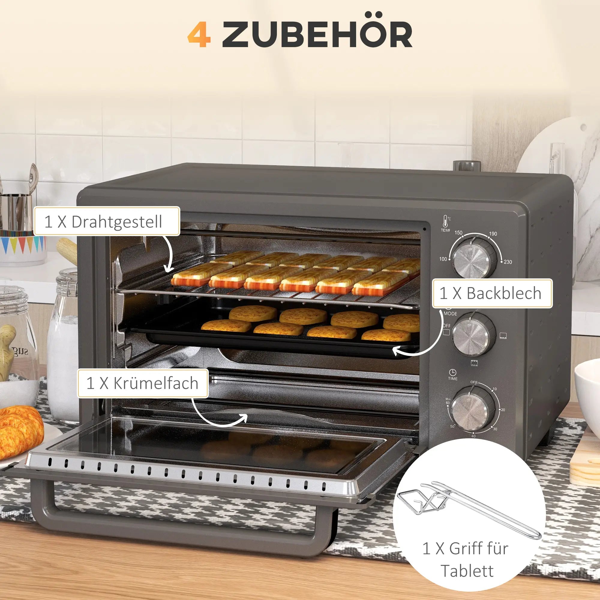 HOMCOM Mini-oven veelzijdig koken precieze temperatuurregeling roestvrij staal