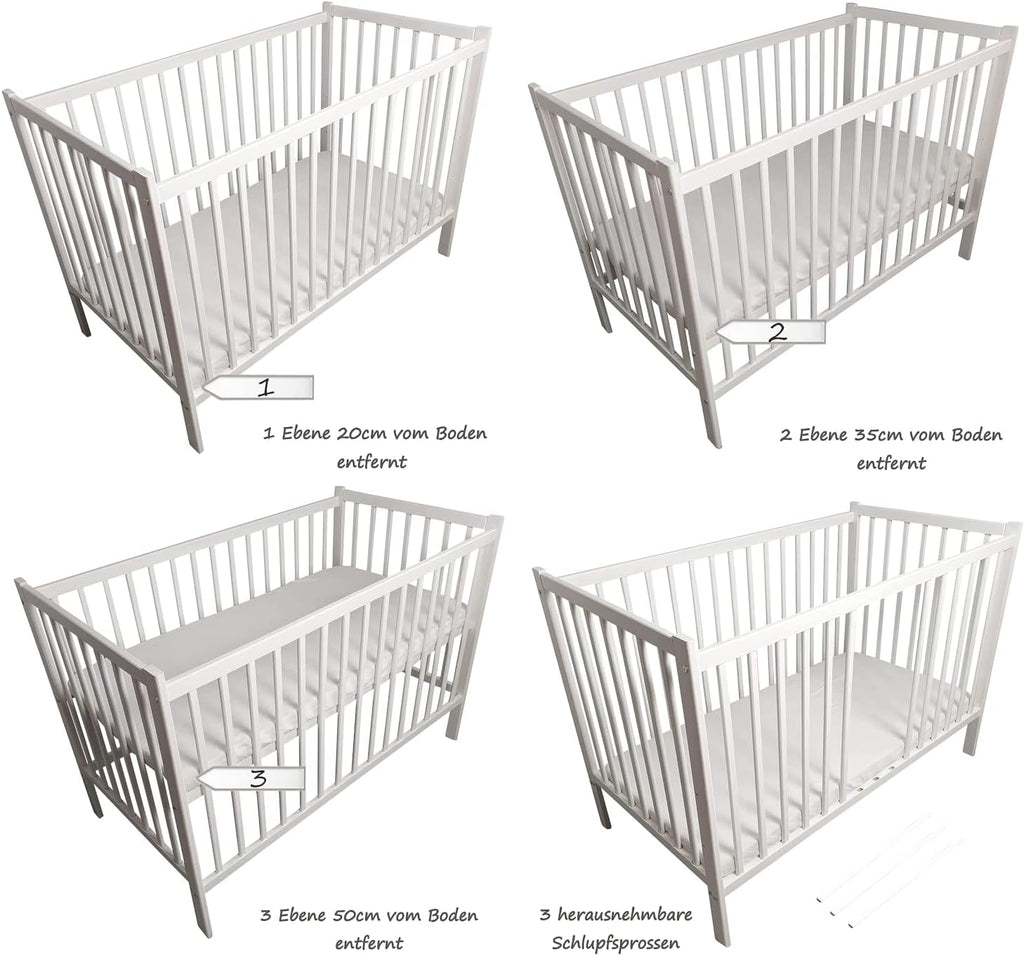 Bello24 - 16-delig babybed wieg en beddengoed compleet set Happy Leo incl. matras in hoogte verstelbaar voor pasgeborenen baby's en peuters van massief hout (Grijs - Teddybeer Maan)