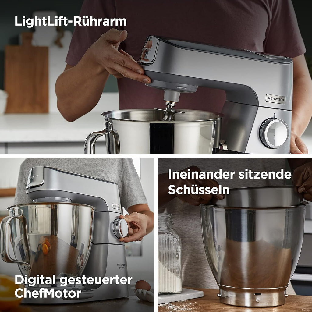 Kenwood Titanium Chef Baker KVL85.424SI Keukenmachine met geïntegreerde weegschaal, incl. 4-delige patisserie set, 7 L en 5 L mengkom, traploze snelheidsregeling, 1200 W, zilver