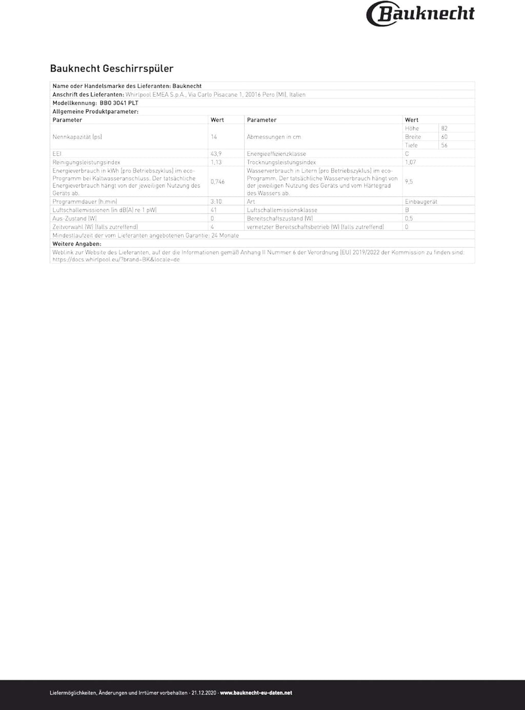 Bauknecht BUO 3O41 PLT X onderbouw vaatwasser 60 cm /14 couverts /10 standaardprogramma's en 1 sensorprogramma/PowerClean/ActiveDry/besteklade/volledige waterbeveiliging