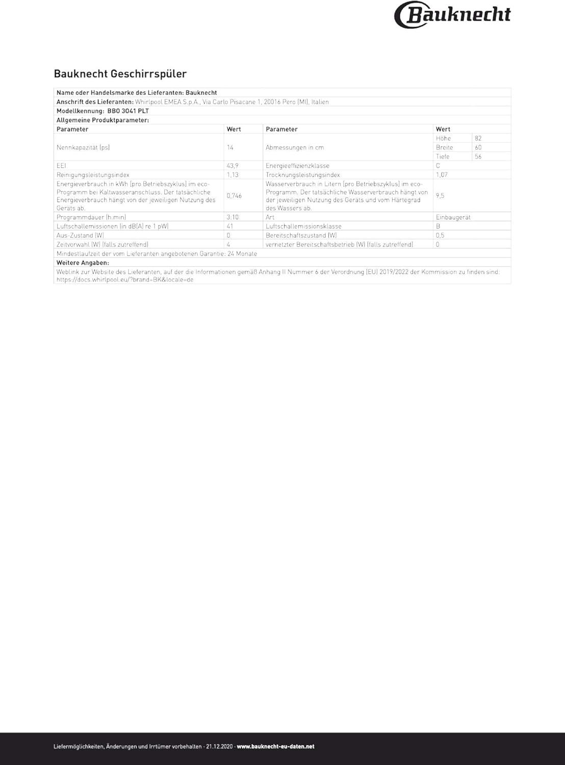 Bauknecht BUO 3O41 PLT X onderbouw vaatwasser 60 cm /14 couverts /10 standaardprogramma's en 1 sensorprogramma/PowerClean/ActiveDry/besteklade/volledige waterbeveiliging