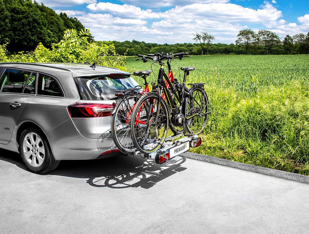 EUFAB 12010LAS fietsendrager POKER-F, geschikt voor e-bike, volledig voorgemonteerd, diefstalbeveiliging, voor 2 fietsen, voor trekhaak, zwart, 142 x 70 x 58 cm