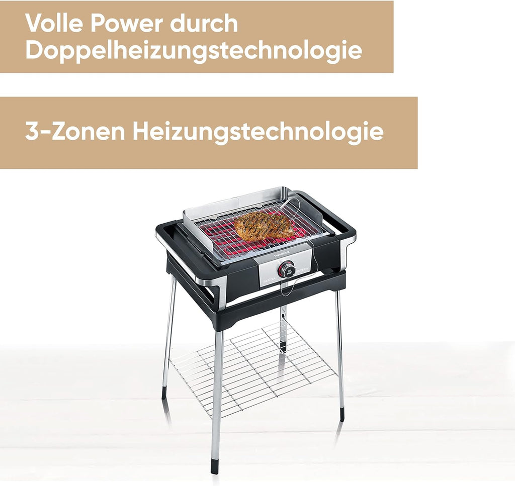 SEVERIN SENOA DigitalBOOST S elektrische barbecue met onderstel, staande barbecue met snelle start tot 500 °C, balkonbarbecue met SafeTouch-oppervlak, RVS/zwart, PG 8118