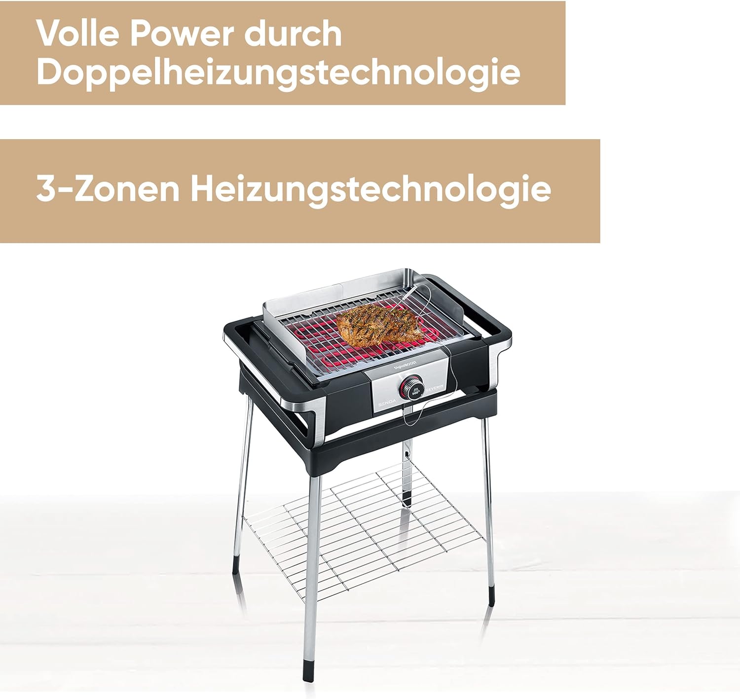 SEVERIN SENOA DigitalBOOST S elektrische barbecue met onderstel, staande barbecue met snelle start tot 500 °C, balkonbarbecue met SafeTouch-oppervlak, RVS/zwart, PG 8118