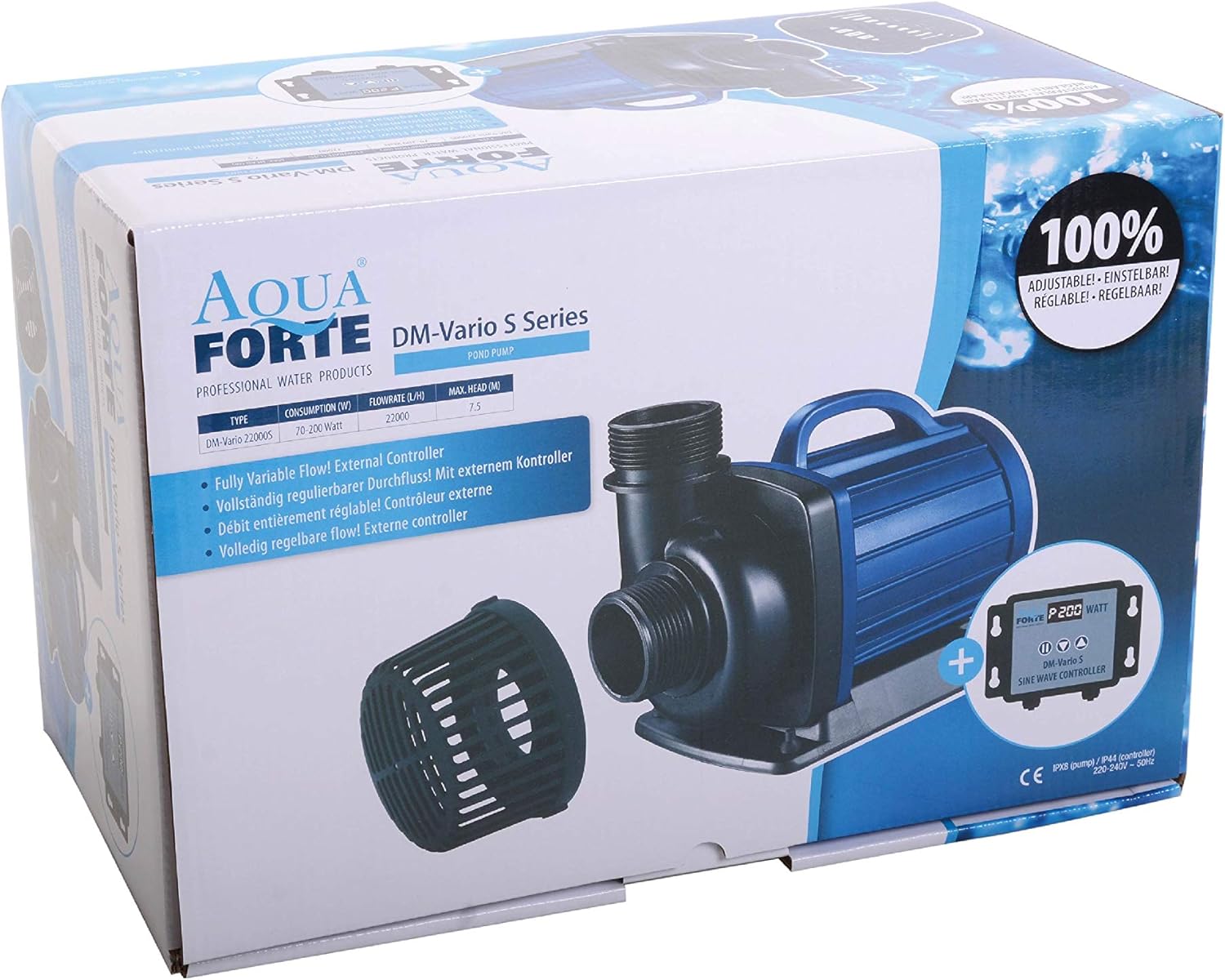 AquaForte filter-/vijverpomp DM-22.000 Vario S, 70-200W, opvoerhoogte 7,5m, regelbaar met externe controller. Ideaal als vijverpomp of als beekloop-/watervalpomp.