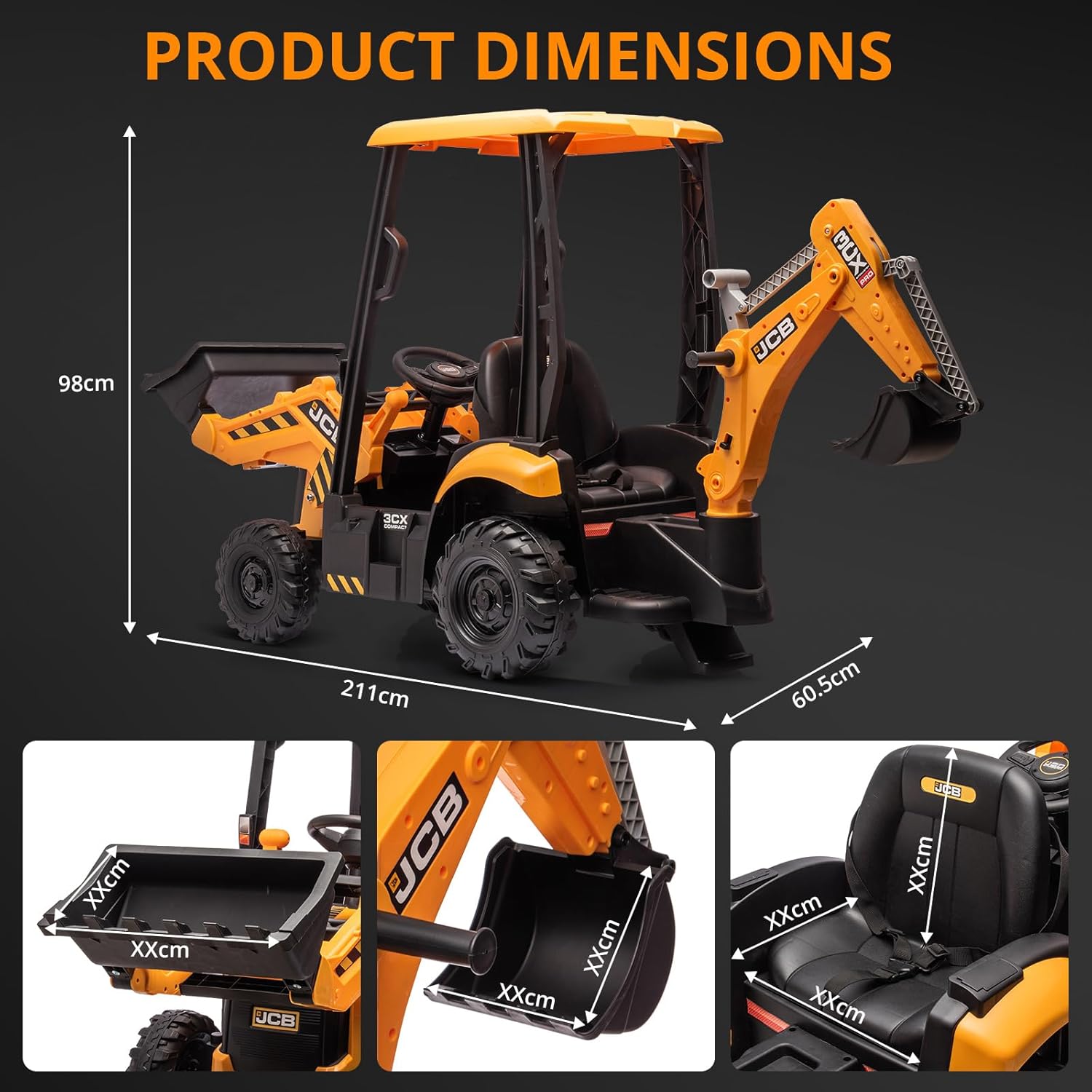 4-in-1 elektrische graafmachine en bulldozer, 12V elektrische kinderauto's met afstandsbediening, voorlader, graafmachine, claxon, EVA-banden, geel
