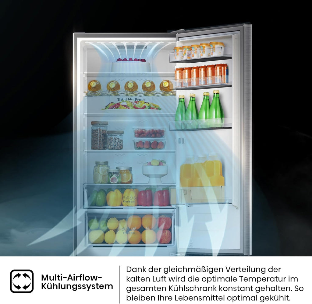 Hisense RB327N4AD2 koel-vriescombinatie/ NoFrostPlus/ Multiflow 360°/ HolidayMode/ FreshZone/ 182,4 cm/ koelgedeelte 171 l/ vriesgedeelte 85 l/ 41 dB/ 287 kWh/ jaar/ roestvrijstalen look