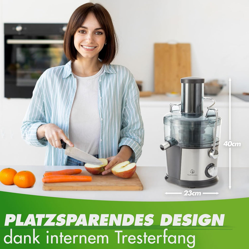 Nutrilovers *Testwinnaar* QUICK-JUICER Sapcentrifuge RVS Fruit en Groenten I XXL-vulling voor hele vruchten persen, 800W, 2 snelheden, BPA-vrij incl. drinkfles + receptenboek & app