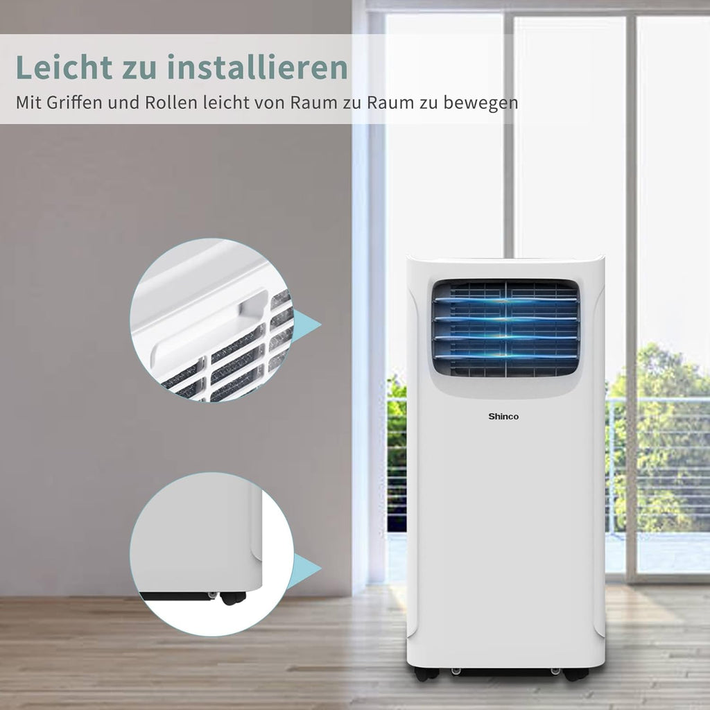 SHINCO Mobiele airconditioning met luchtafvoerslang, 9000 BTU, 2,6 kW, Koelen&Ventileren&Ontvochtigen, Mobiel airco-apparaat met slaapstand, Ruimte tot 22㎡, 24-uurs timer
