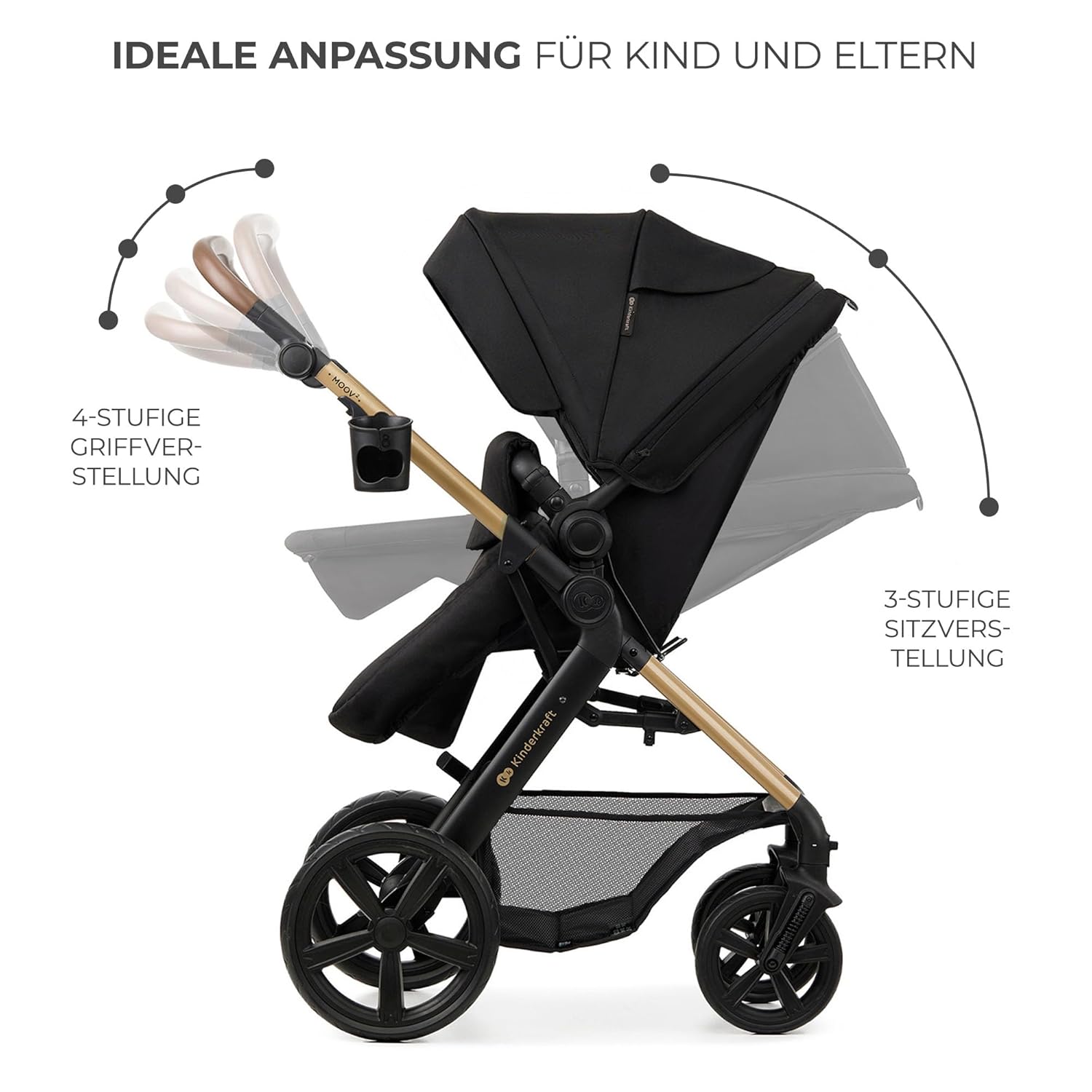 Kinderkraft MOOV2 AIR Kinderwagen 3 in 1 Kinderwagenset tot 26 kg met autostoel I-SIZE 40-75 cm, buggyfunctie, verstelbare ligstand, grote uitschuifbare kap, opblaasbare wielen, zwart