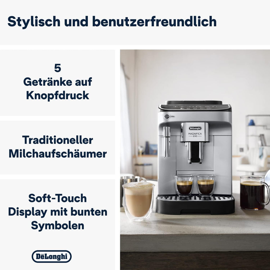 De'Longhi Magnifica Evo ECAM 292.33.SB volautomatische espressomachine met melkopschuimmondstuk, 5 directe keuzeknoppen voor espresso, koffie en koffiespecialiteiten, intuïtief bedieningspaneel, 2-kopsfunctie, zilver/zwart