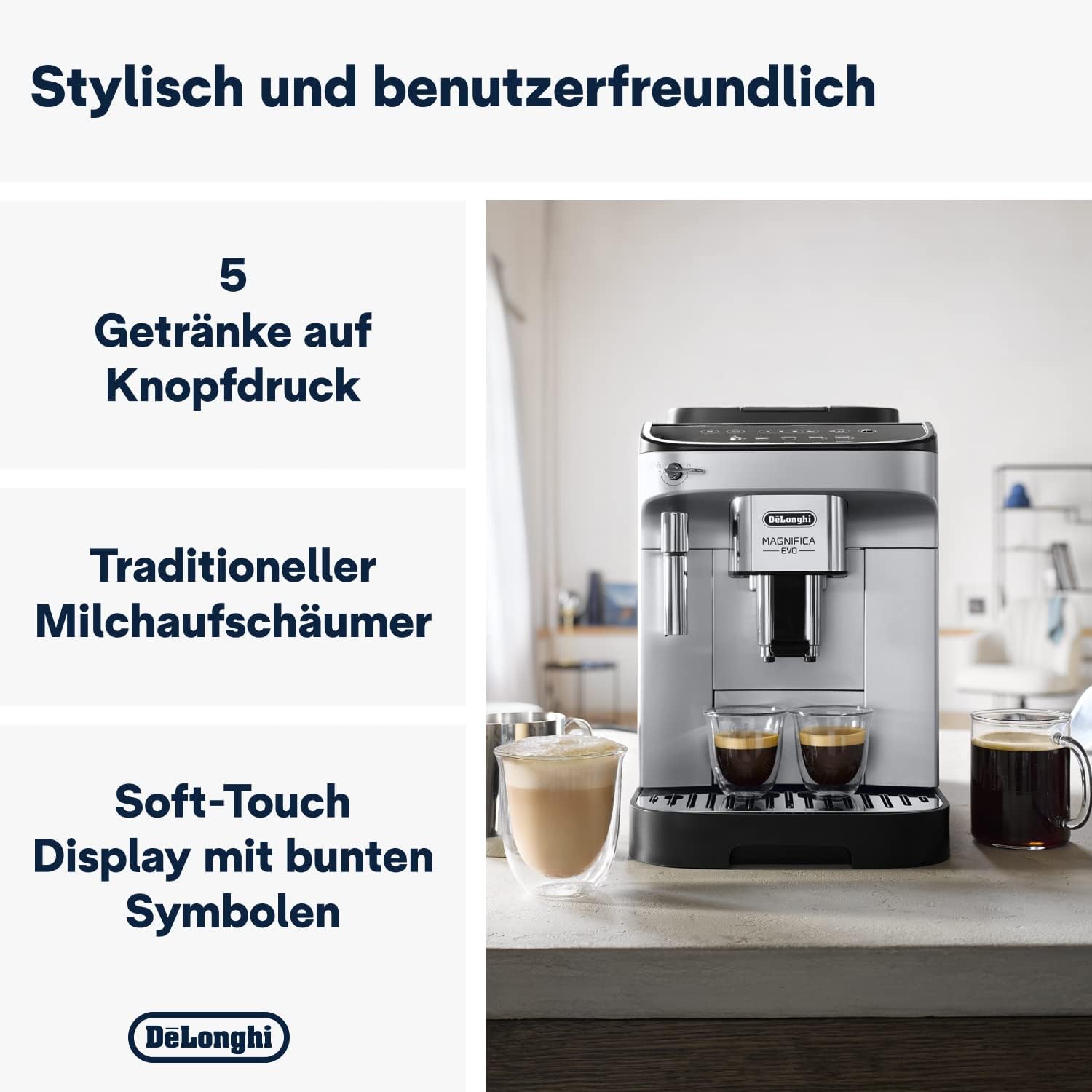 De'Longhi Magnifica Evo ECAM 292.33.SB volautomatische espressomachine met melkopschuimmondstuk, 5 directe keuzeknoppen voor espresso, koffie en koffiespecialiteiten, intuïtief bedieningspaneel, 2-kopsfunctie, zilver/zwart