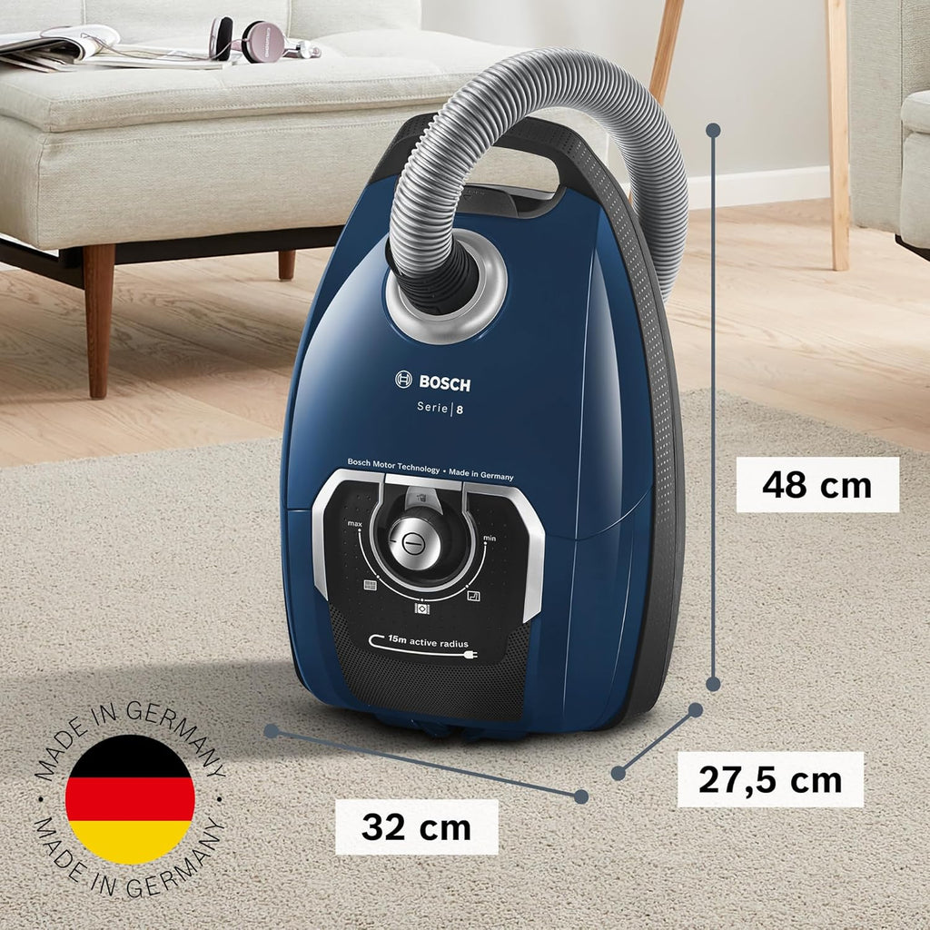 Bosch Stofzuiger met zak Serie 8 BGB75X494, sledestofzuiger, ideaal voor mensen met allergieën, hygiënefilter, vloermondstuk voor parket, tapijt, tegels, lange kabel, stil, 650 W, blauw