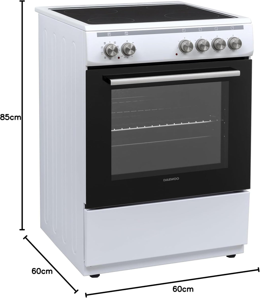 Daewoo F6EV22WL3DE Vrijstaand fornuis met glaskeramische kookplaat, A, Ovenvolume: 65 L, 8 verwarmingsfuncties met boven-/onderwarmte, Gemakkelijk te reinigen emaille, 4 kookzones, Wit