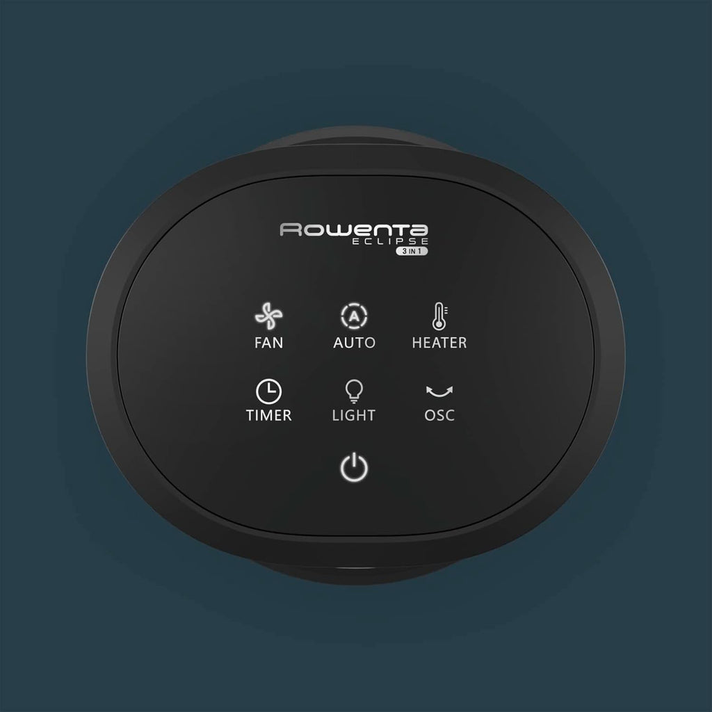 Rowenta QU5062 Eclipse 3in1 Luchtreiniger, ventilator, kachel, filtert 99,9% van de deeltjes, voor kamers tot 30 m2, snelle verwarming tot 35°C, automatische dag- en nachtmodus, zwart/grijs