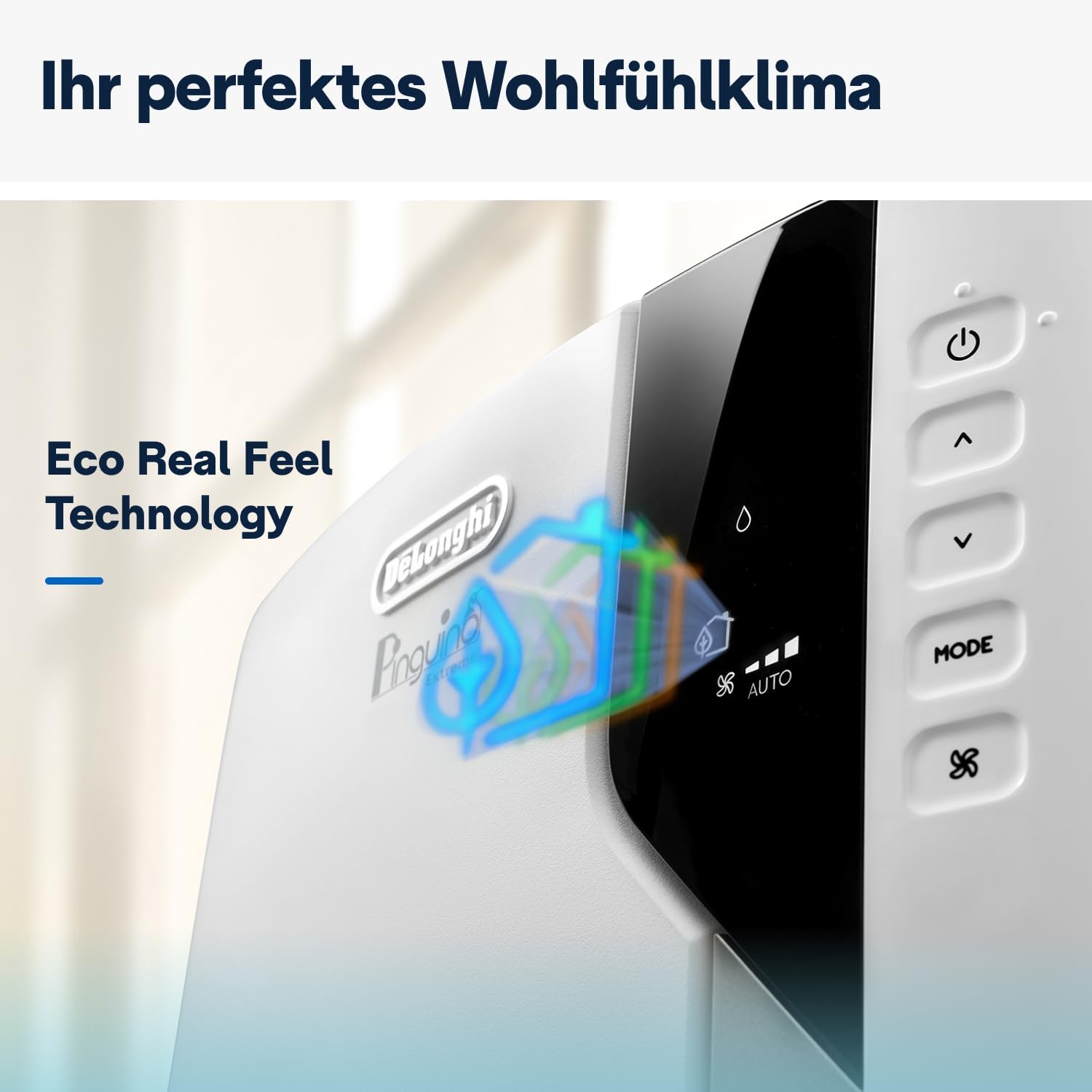 De'Longhi Pinguino PAC EM82, Mobiele airconditioner voor ruimtes tot 80 m, 9.400 BTU, 2,4 kW, 63 dB, Ontvochtigingsfunctie, Energieklasse A, 24-uurs timer, Wit