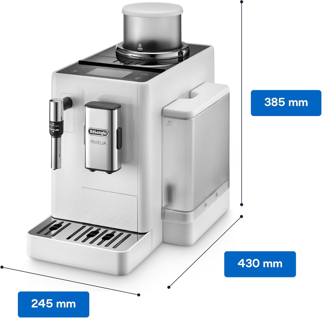 De'Longhi Rivelia EXAM440.55.W volautomatische espressomachine met LatteCrema-melksysteem, verwisselbaar bonenreservoir, 16 koffie- en melkdranken met één druk op de knop, Extra-Shot-functie, 3,5 inch touchscreen, wit
