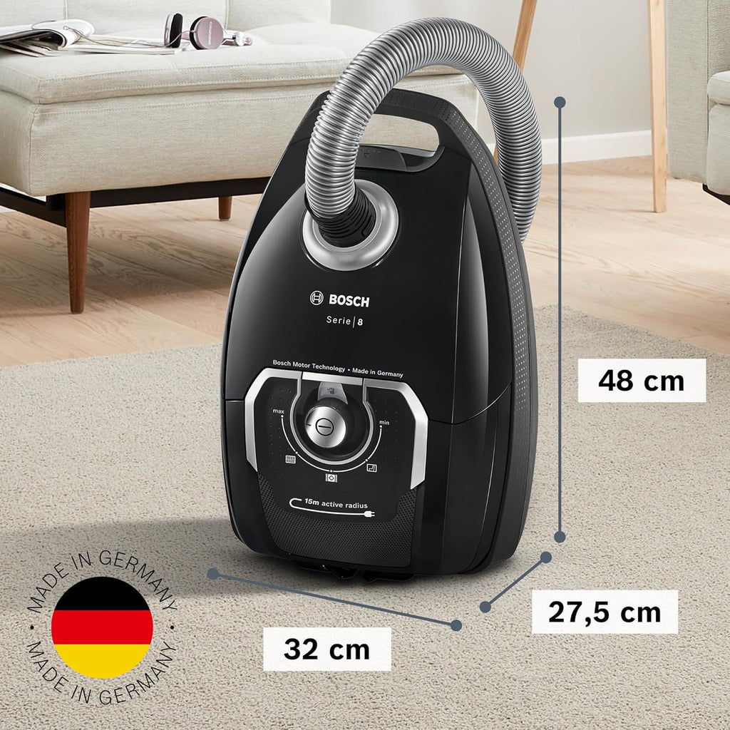 Bosch Stofzuiger met zak Serie 8 BGB75X494, sledestofzuiger, ideaal voor mensen met allergieën, hygiënefilter, vloermondstuk voor parket, tapijt, tegels, lange kabel, stil, 650 W, blauw