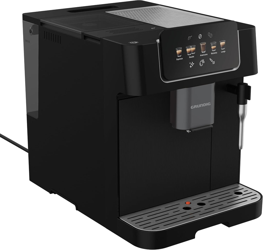 GRUNDIG KVA 7230 volautomatische koffiemachine, 10 koffiespecialiteiten, 13 maalfijnheden, melkreservoir, krachtig 1350 W, 19 bar pompdruk, dubbele uitloop, verlichting, Zwart/Donkerzilver