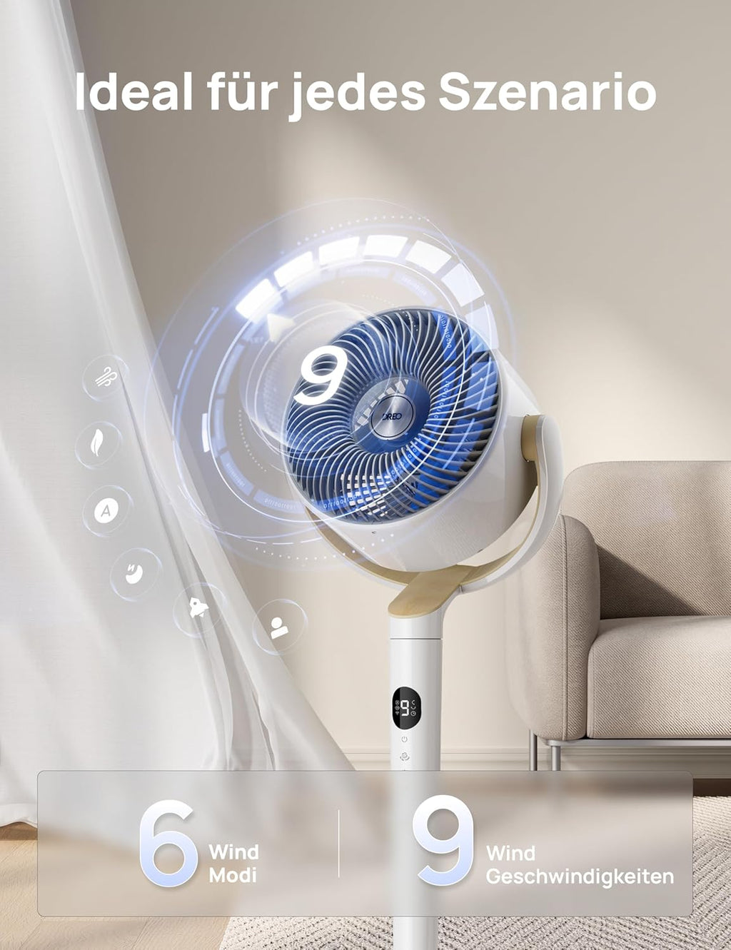 Dreo Slimme Staande Ventilator met RGB-licht, 120° +120° Oscillerende Ventilator met Afstandsbediening, 20dB Stille Vloerventilator voor Slaapkamer, 8H Timer, Zilver