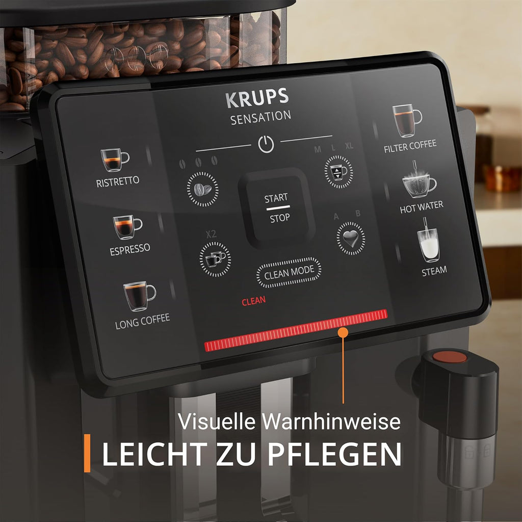 Krups Sensation volautomatische espressomachine, melkschuimmondstuk, 5 dranken, filterkoffiefunctie, 2-kopsfunctie, koffiezetapparaat, zwart, EA910810