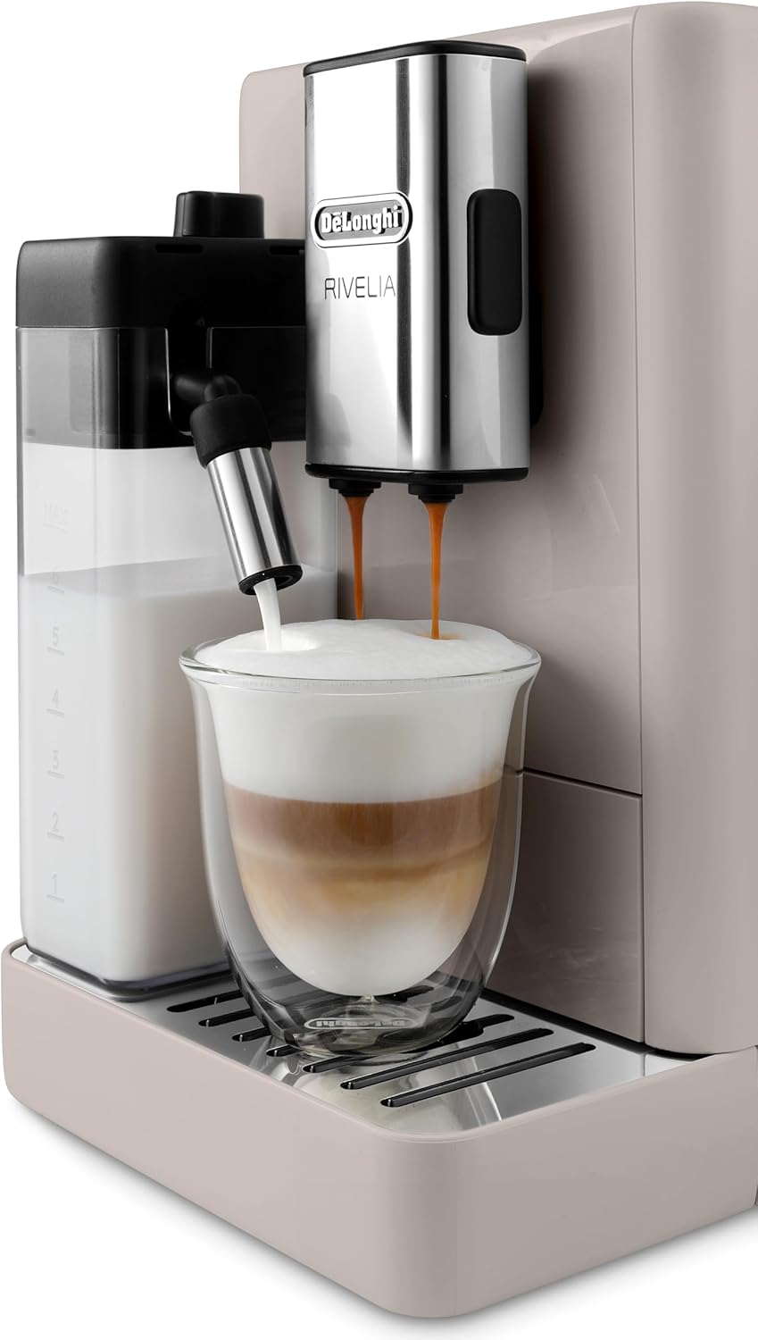 De'Longhi Rivelia EXAM440.55.W volautomatische espressomachine met LatteCrema-melksysteem, verwisselbaar bonenreservoir, 16 koffie- en melkdranken met één druk op de knop, Extra-Shot-functie, 3,5 inch touchscreen, wit