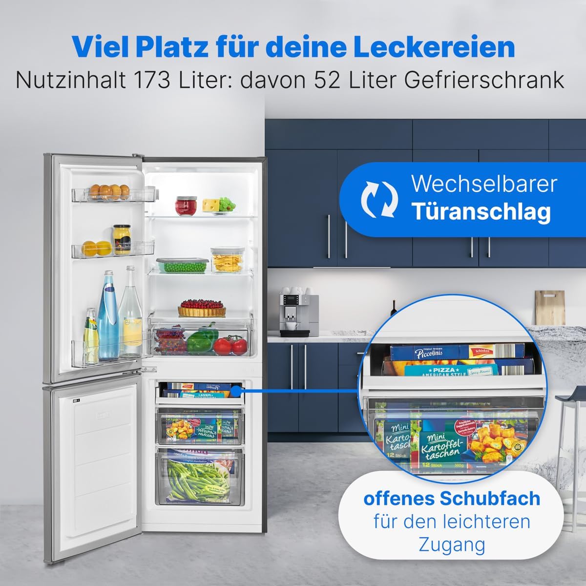 Bomann® Koelkast met vriesvak 143 cm hoog | Koelvriescombinatie 173L met 3 plateaus & 3 laden | Deurrichting omkeerbaar | stille koelvriescombinatie 40dB | Koelkast | KG 7331 inox