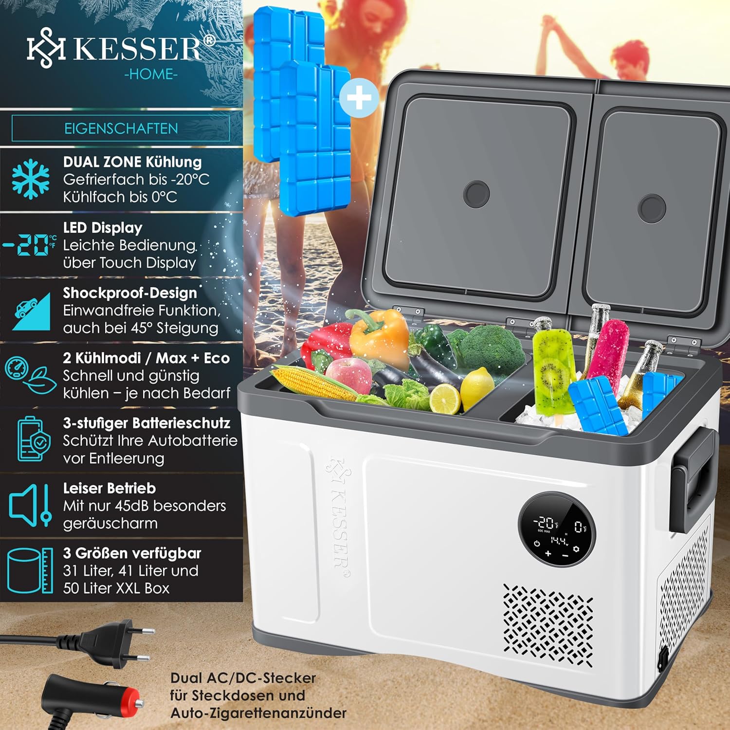 KESSER® Kompressor Kühlbox 2in1 Doppelzone Kühl & Gefrierfach elektrische Gefrierbox mit 2x Kühlakkus & LED-Touch-Bedienung | Kühlschrank Kühlung bis -20 °C für Camping, Auto, Lkw 12/24V 230V
