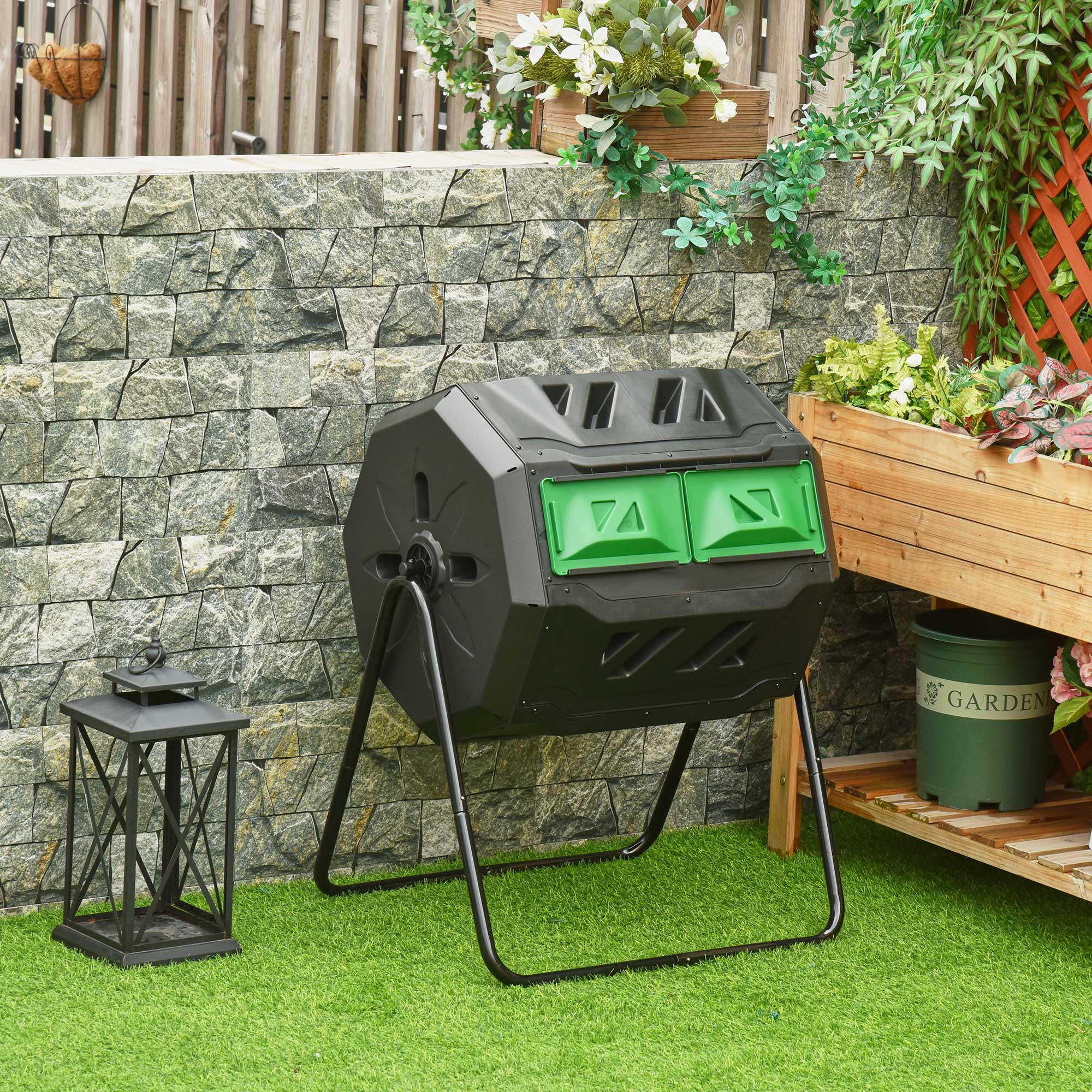 Outsunny Trommelcomposter met 2 kamers 360° draaibaar