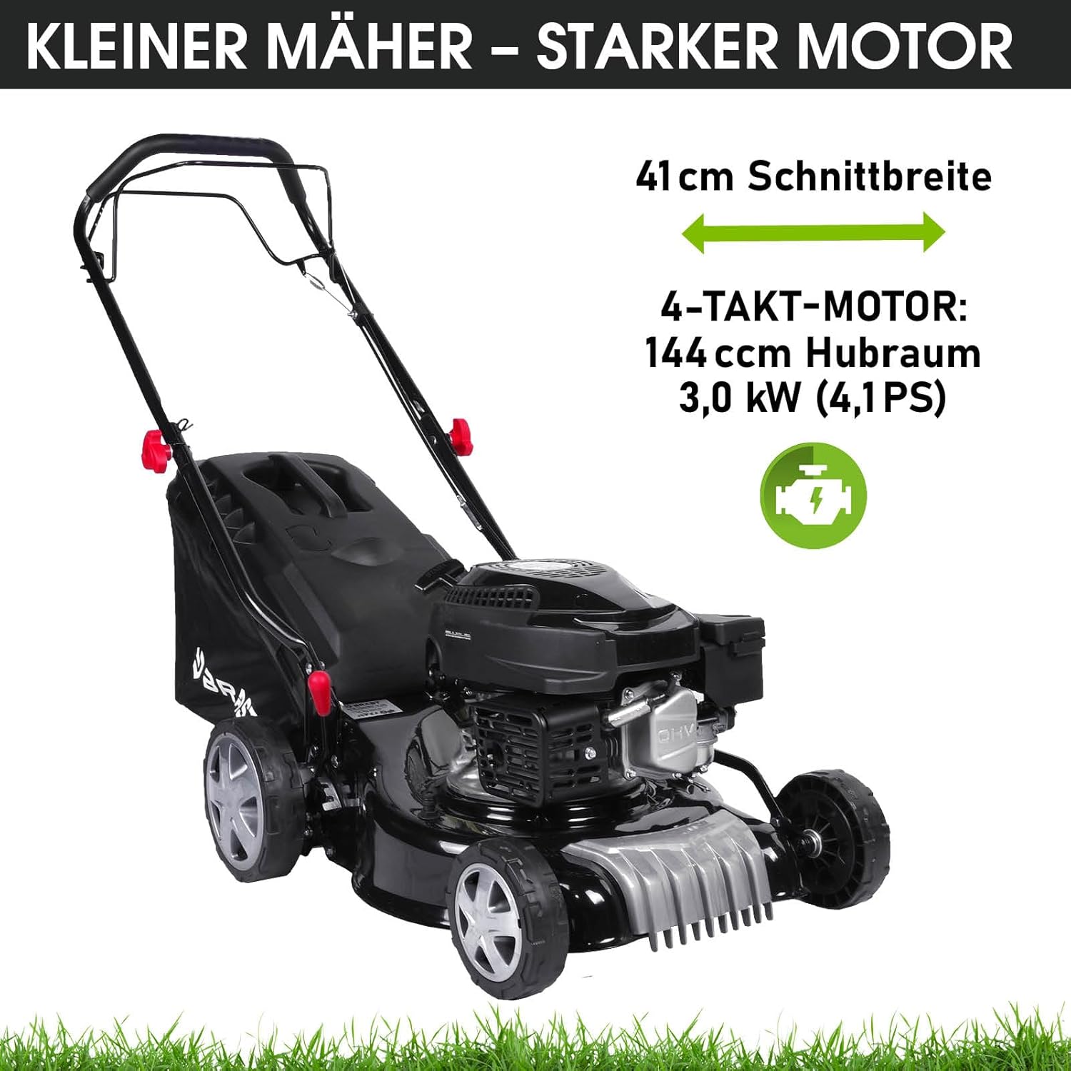 BRAST Benzine grasmaaier met aandrijving | 3,0 kW (4,1 pk) | Elektrische start | 41 cm maaibreedte | vele modellen | TÜV | 4-takt OHV-motor | 25-75 mm maaihoogte | 40 L opvangbak | Stalen behuizing | 16145 Estart