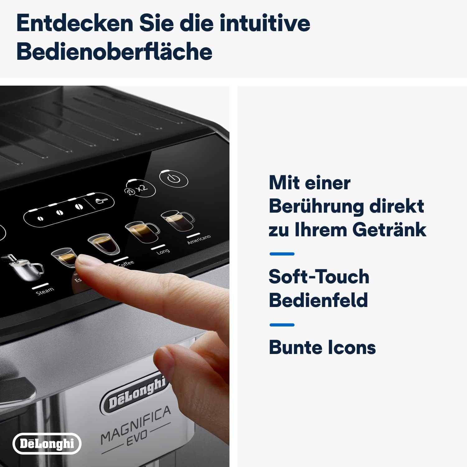 De'Longhi Magnifica Evo ECAM 292.33.SB volautomatische espressomachine met melkopschuimmondstuk, 5 directe keuzeknoppen voor espresso, koffie en koffiespecialiteiten, intuïtief bedieningspaneel, 2-kopsfunctie, zilver/zwart