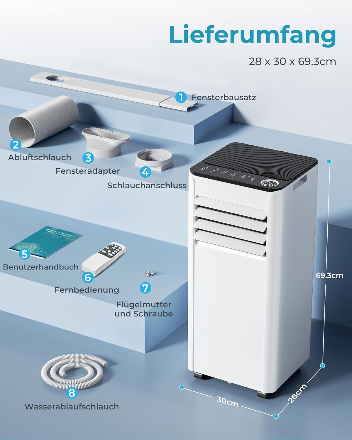 Mobiele airco 9000 BTU met afvoerslang | 4-in-1 Mobiele airconditioner | Stille werking