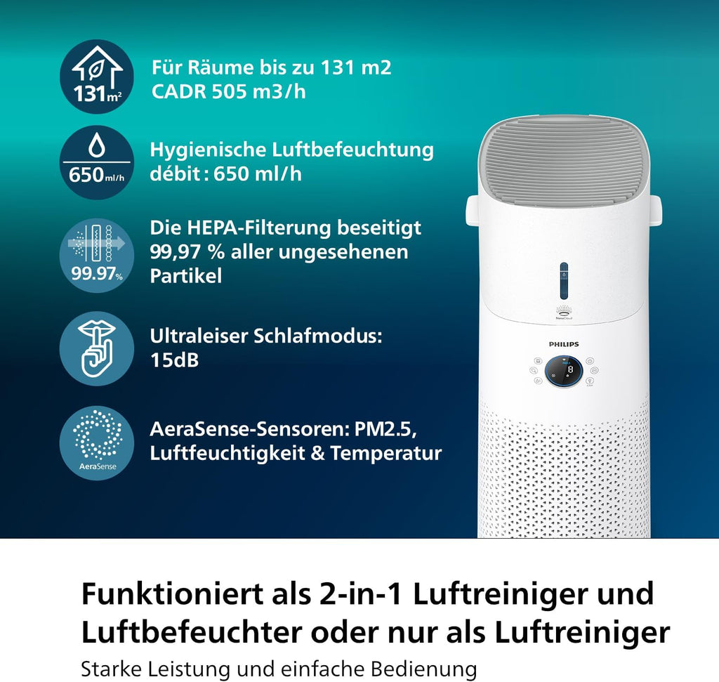 Philips Air Performer 2-in-1: Luchtzuiveraar en Ventilator - Reinigt 70 m², Verwijdert 99,97% van allergenen en verontreinigende stoffen. HEPA-filter, Slimme sensoren, Alexa, App. (AMF765/10)
