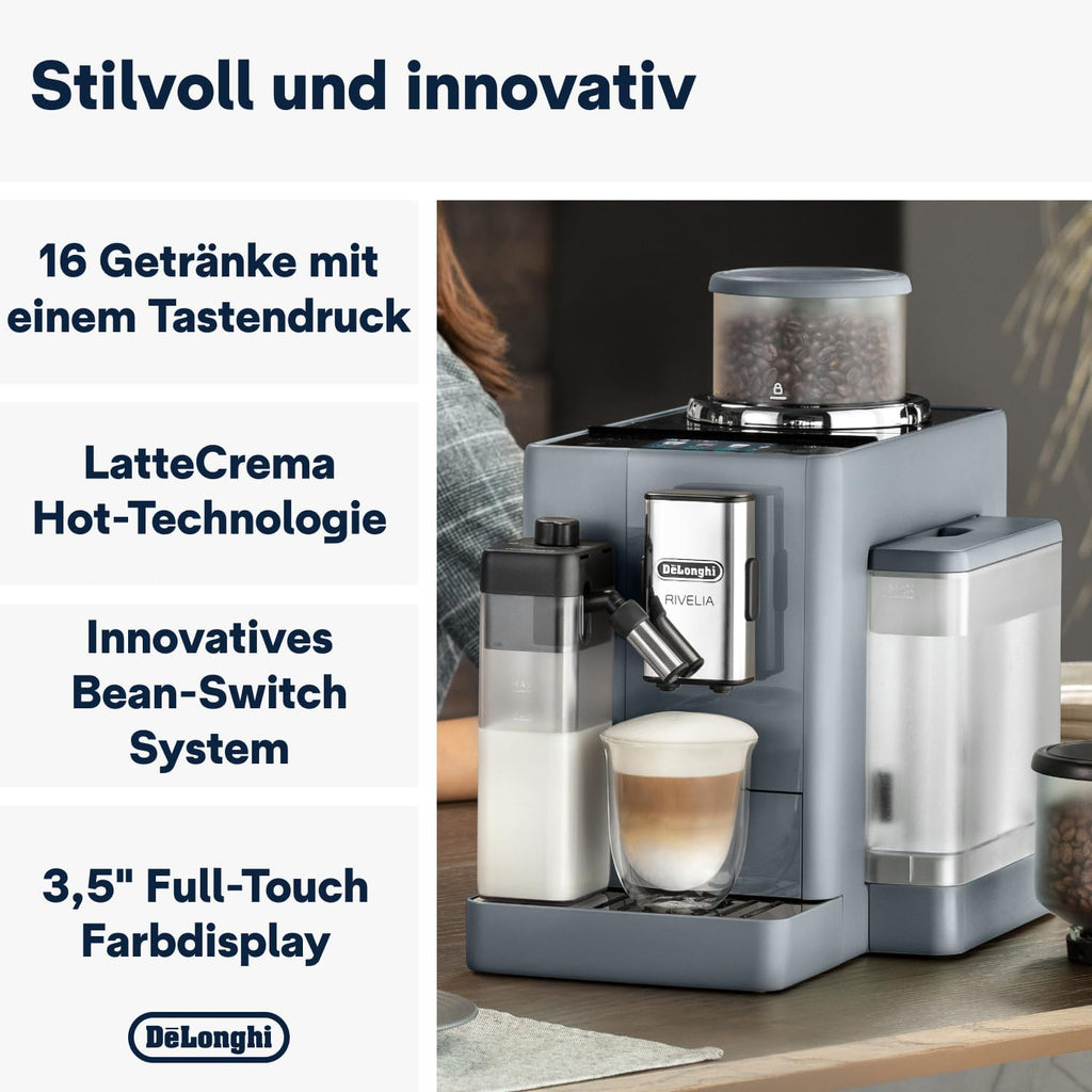De'Longhi Rivelia EXAM440.55.W volautomatische espressomachine met LatteCrema-melksysteem, verwisselbaar bonenreservoir, 16 koffie- en melkdranken met één druk op de knop, Extra-Shot-functie, 3,5 inch touchscreen, wit
